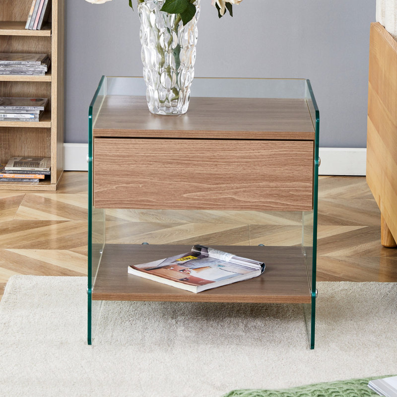 Nightstand Wooden Bedside Table with Drawers and Tempered Glass Design Wrought Studio Color Wood